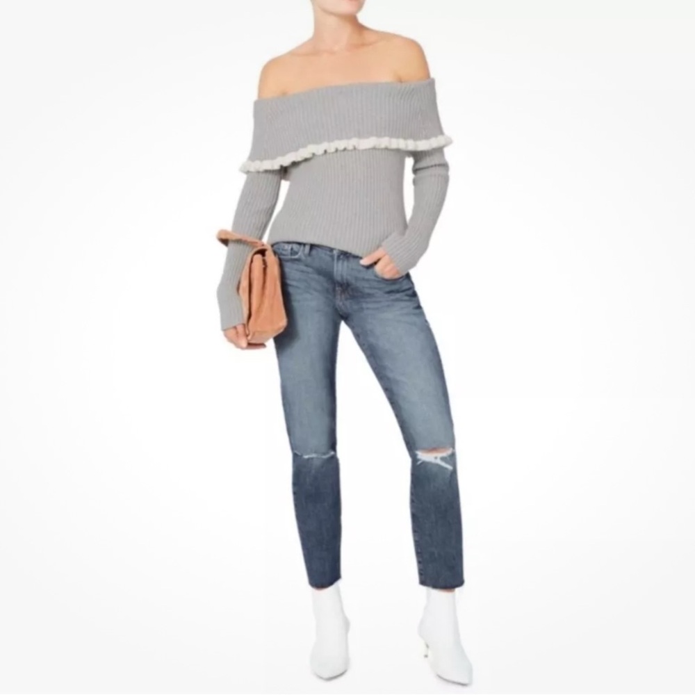 INTERMIX Gray Off-Shoulder Sweater w/ Cream Trim Feminine Dainty Size Small - Picture 3 of 8